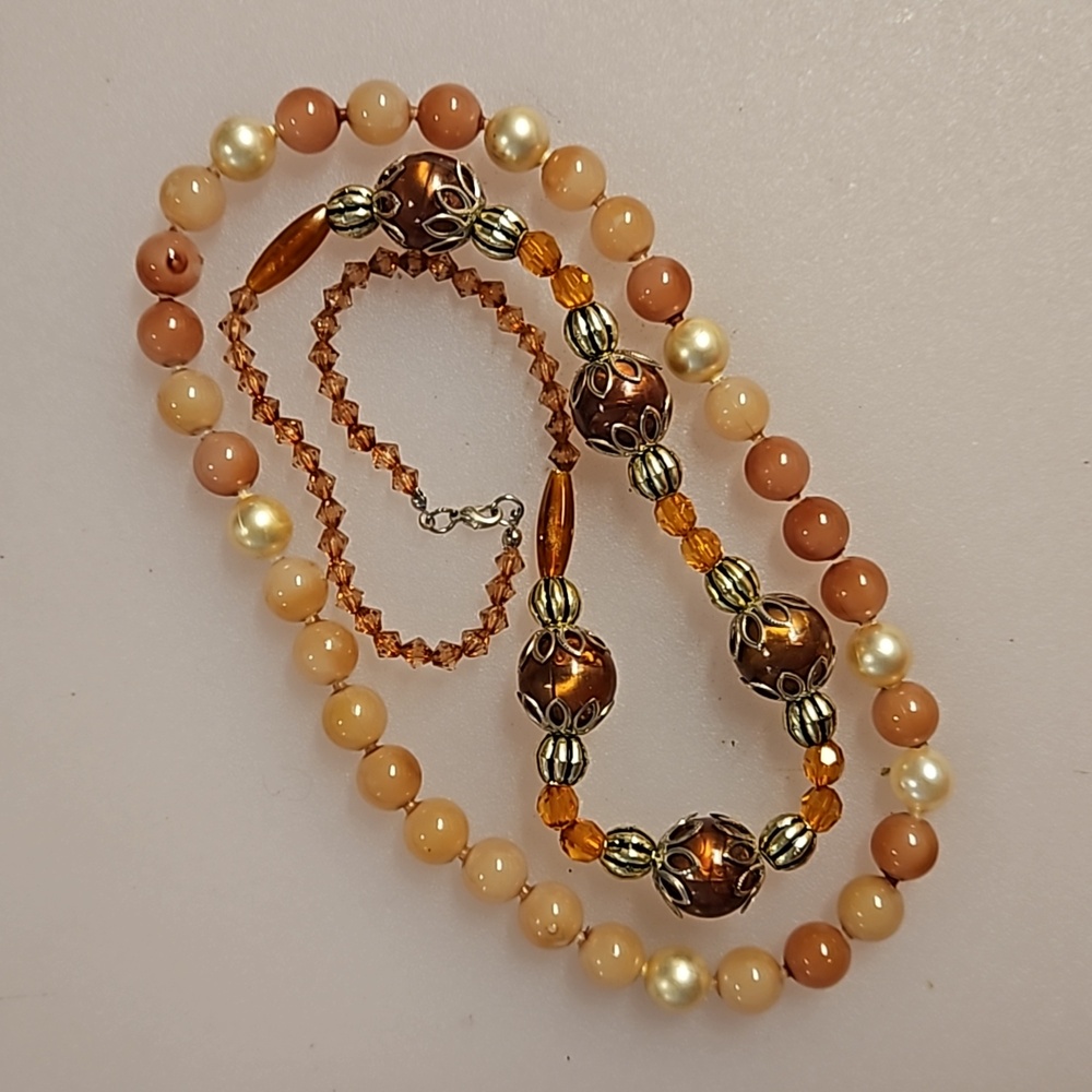 2 amber topaz bronze faux pearl crystal beaded necklaces tan brown